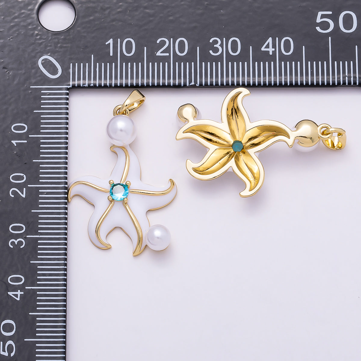 16K Gold Filled 29mm Blue CZ Shell Pearl Starfish Pendant | Charms-00946