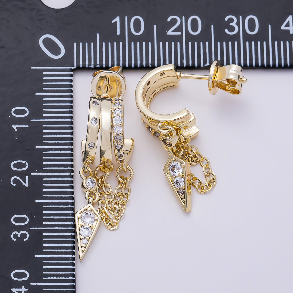 16K Gold Filled 29mm Clear Micro Paved CZ Spiked Chain Drop C-Shaped Hoop | Earrings-00688