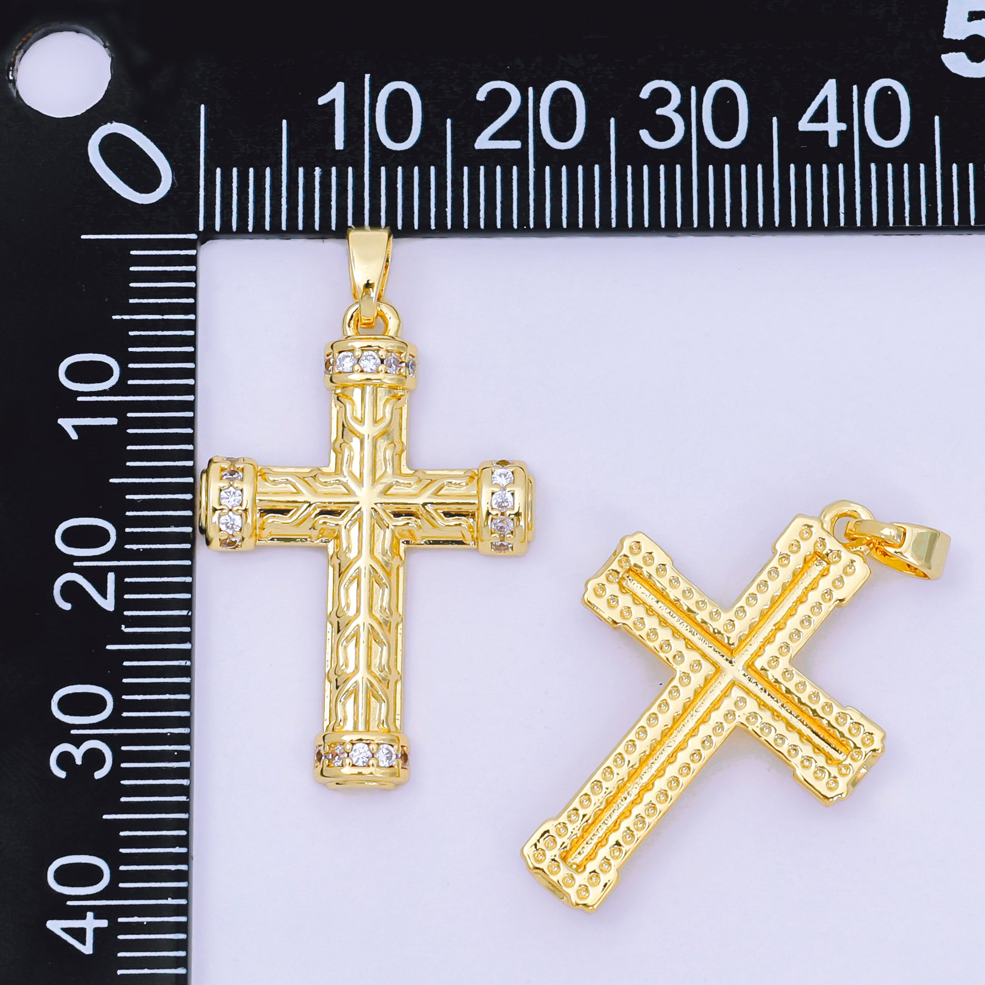 24K Gold Filled 29mm Micro Paved CZ Luxuriant Textured Holy Cross Christian Charm | AA-1597