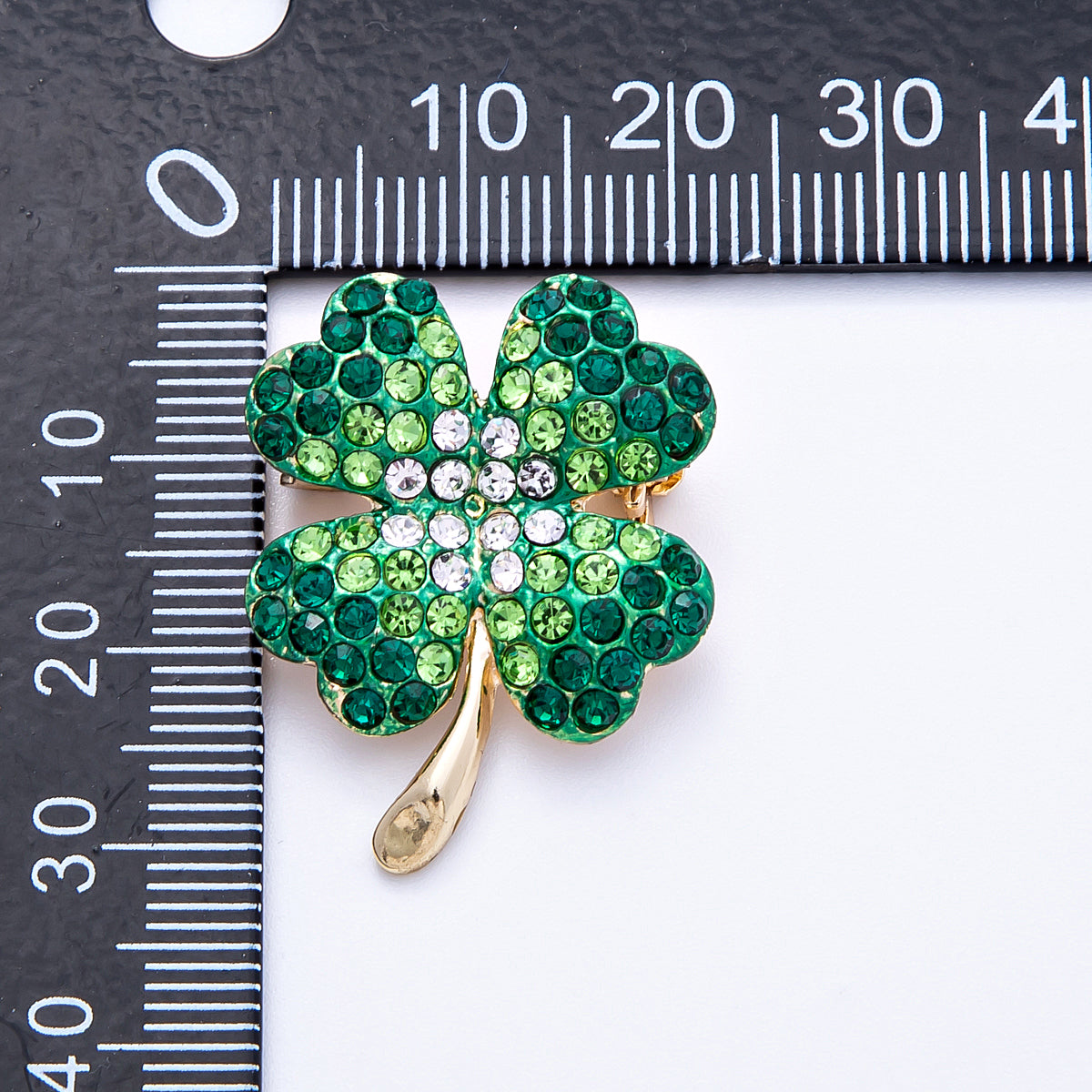Gold 29mm x 22mm Gradient Green Four Lucky Leaf Clover Pin Brooch | BH-103