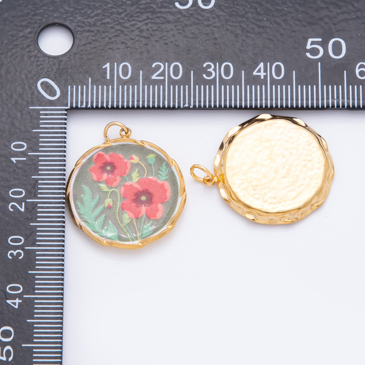Gold Stainless Steel 29mm Hand-Painted Enamel Round Red Poppy Flower Charm | J337