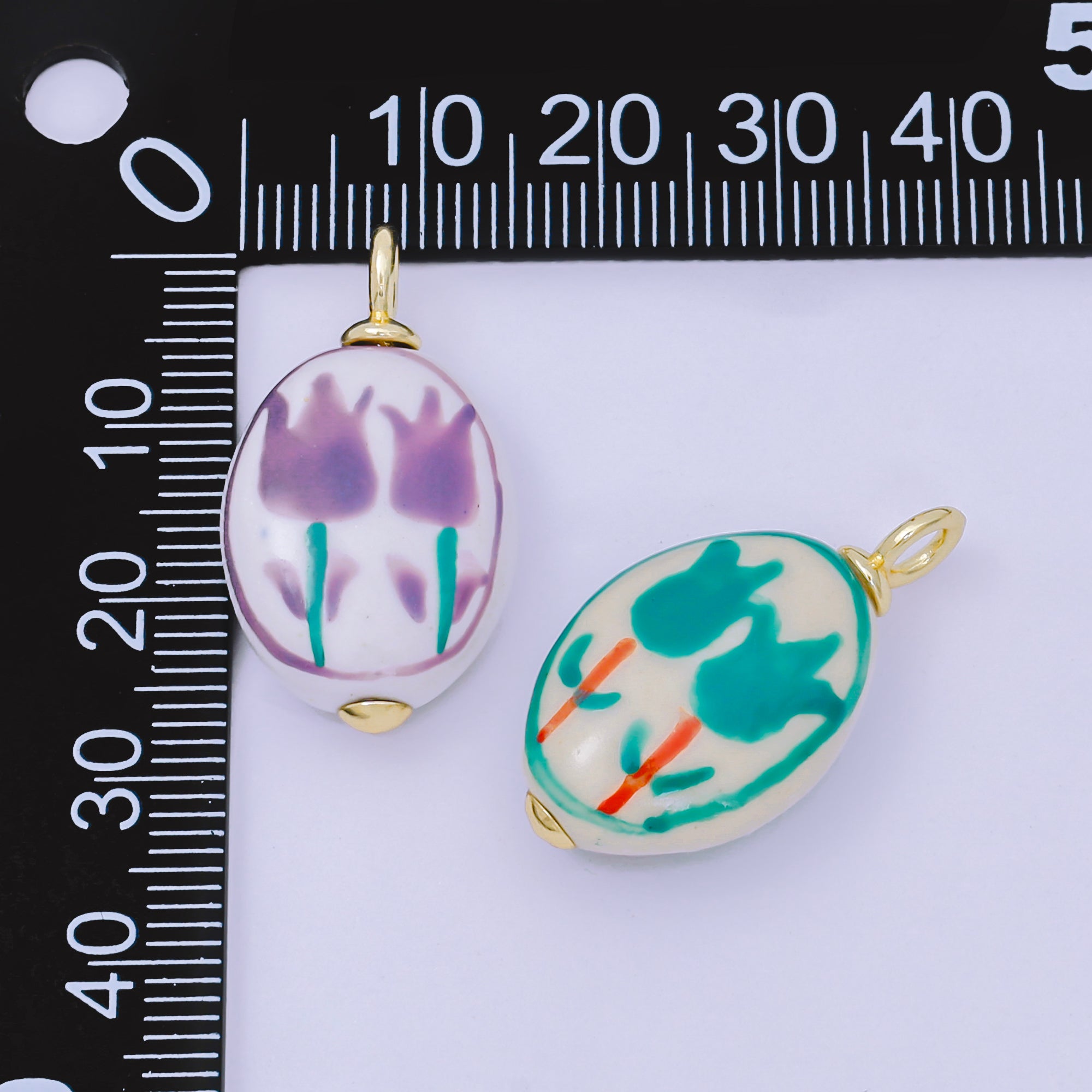 24K Gold Filled 29mm Handmade Ceramic Green, Purple Roses Vintage Charm | AF1514