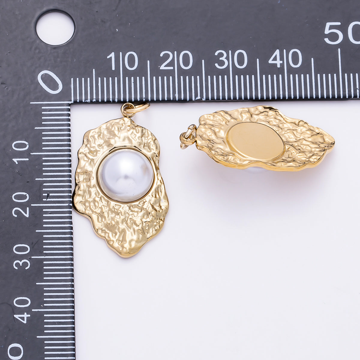 PVD Gold Stainless Steel 30mm White Shell Pearl Hammered Molten Charm | Charms-01437