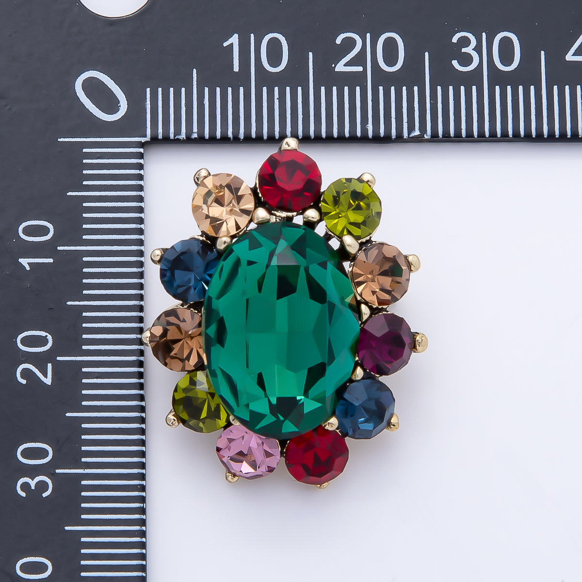 Vintage Gold 29mm Green Multicolor Rhinestone Oval Flower Pin Brooch | BH-00168