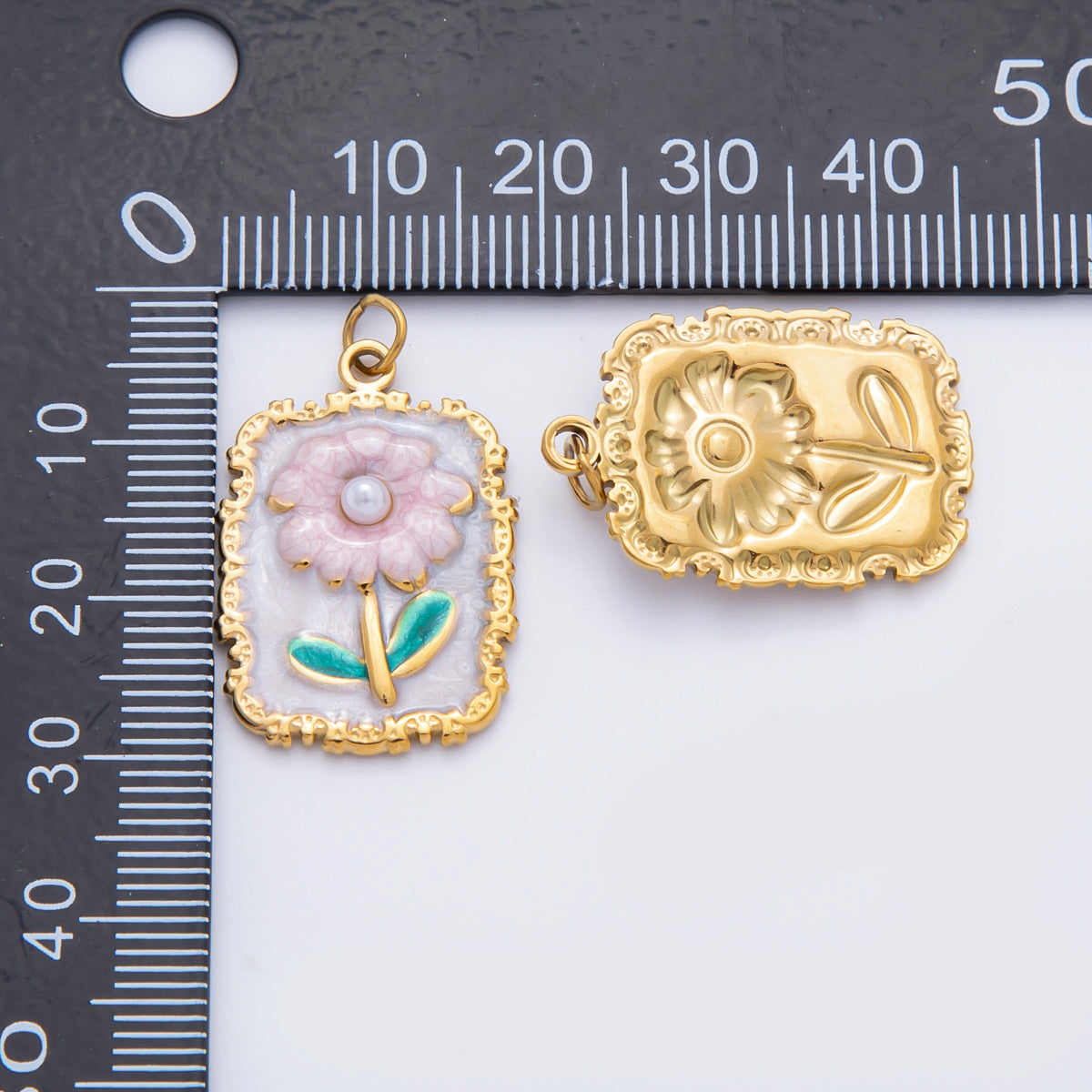 Stainless Steel Pink Daisy Flower Enamel Geometric Tag Rectangular Charm | C095