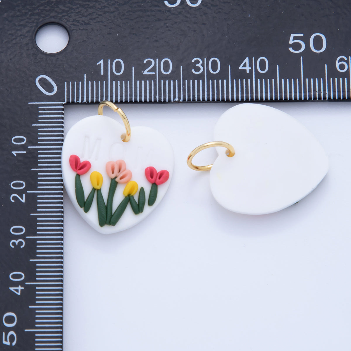 18K Gold Filled "MOM" Multicolor Tulip Flower Polymer Clay White Heart Charm | AF370