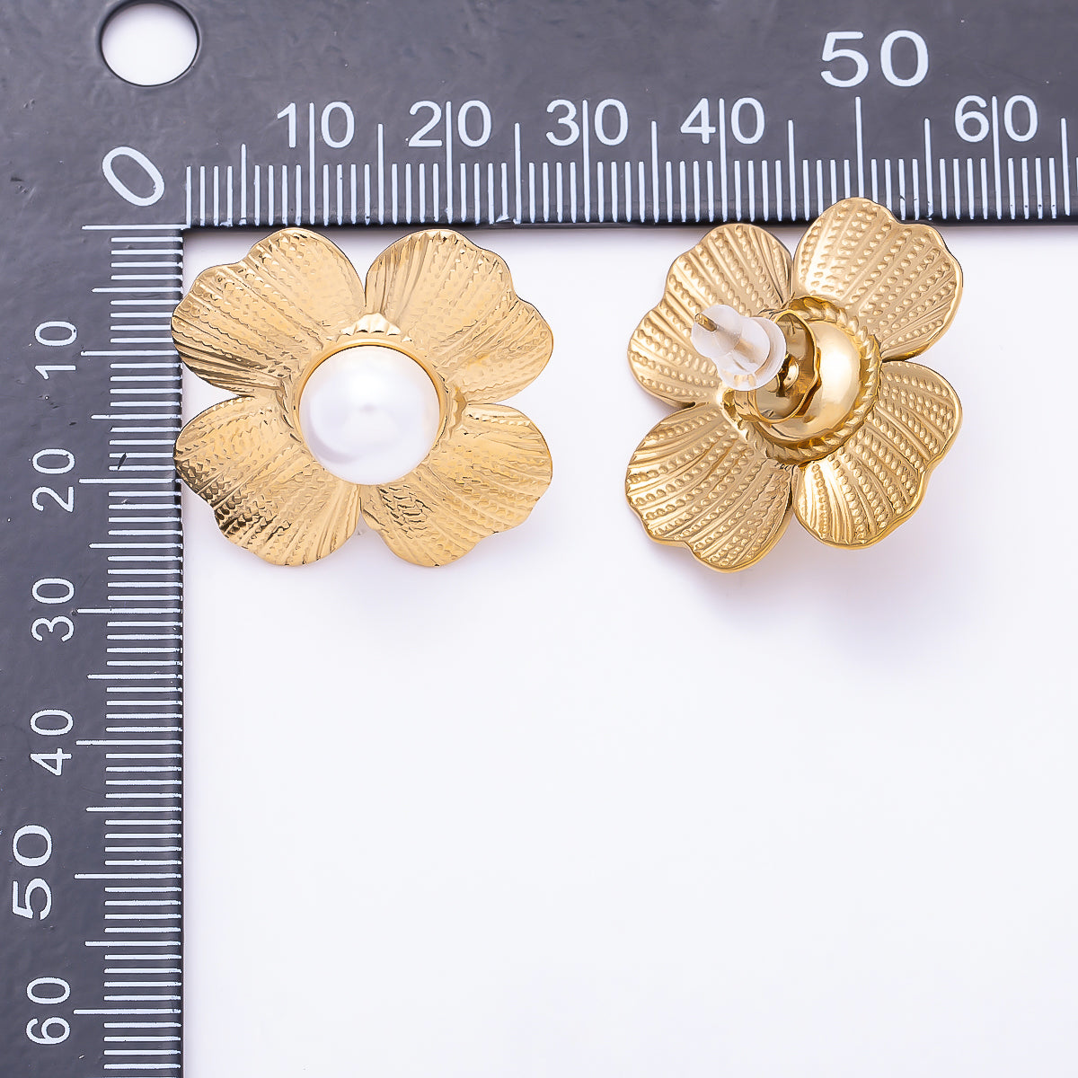 Stainless Steel Gold PVD 30mm Shell Pearl Dotted Textured Flower Stud | Earrings-00733