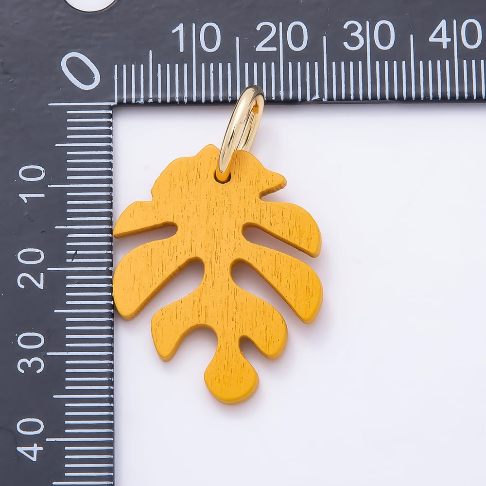18K Gold Filled 30mm Green, Grey, Olive, Red, Blue, Orange, Black, Yellow, Pink, Brown Lined Monstera Palm Leaf Light Wood Charm | Charms-02428 ~ Charms-02437