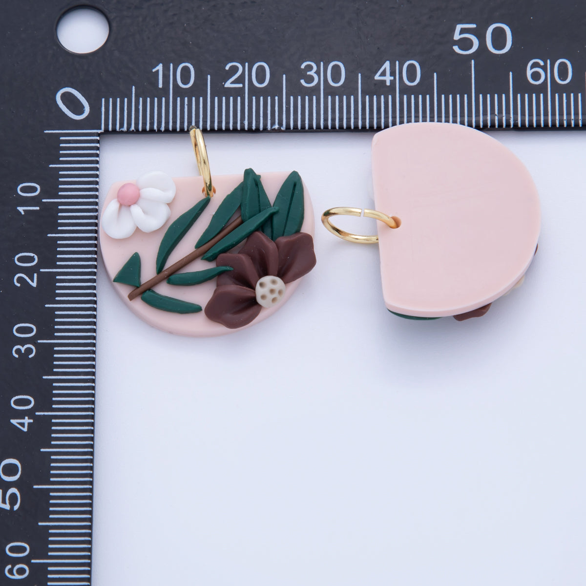 18K Gold Filled Brown White Flower Pink Polymer Clay Charm | AF368