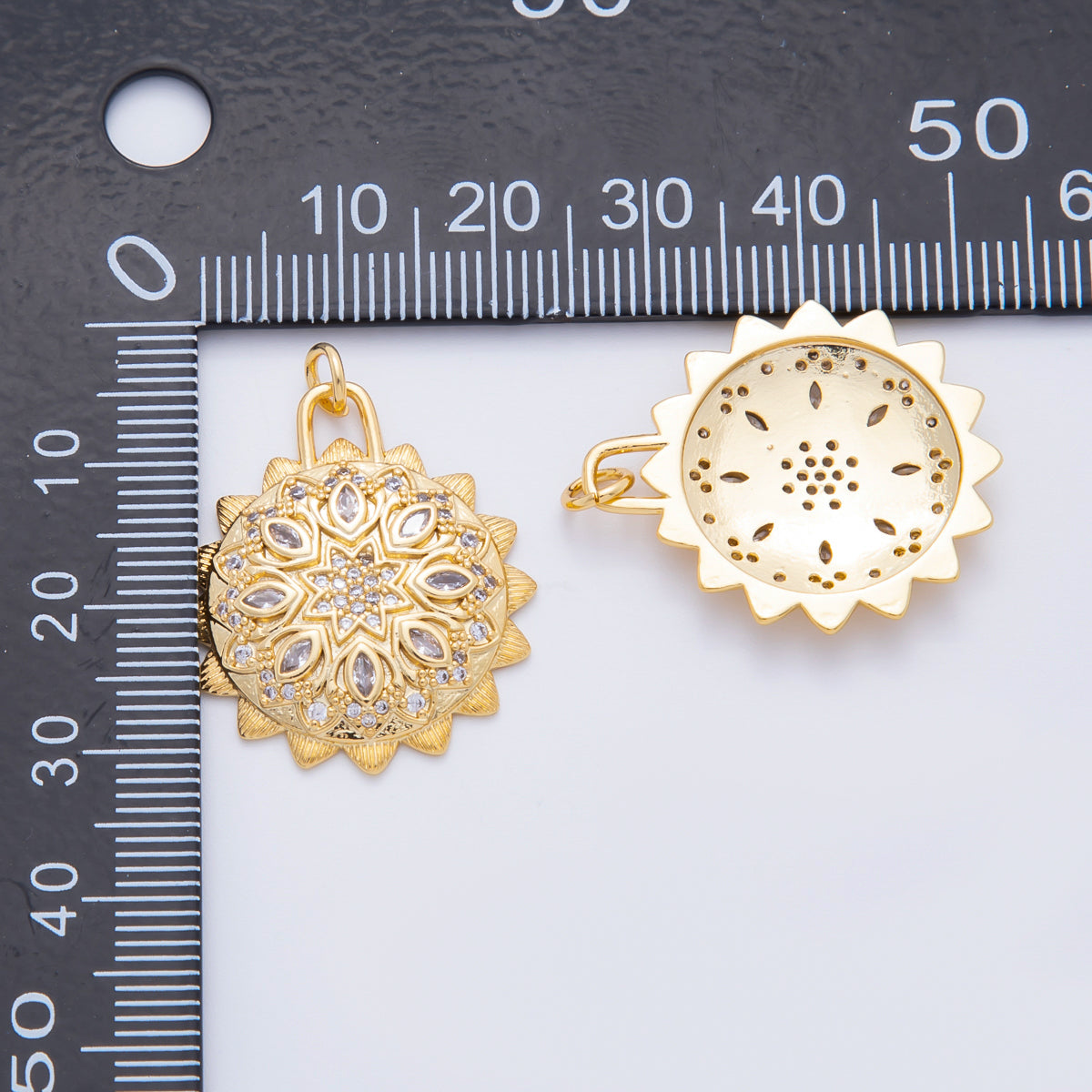 18K Gold Filled 30mm Micro Paved & Marquise CZ Sun Lotus Charm | N294
