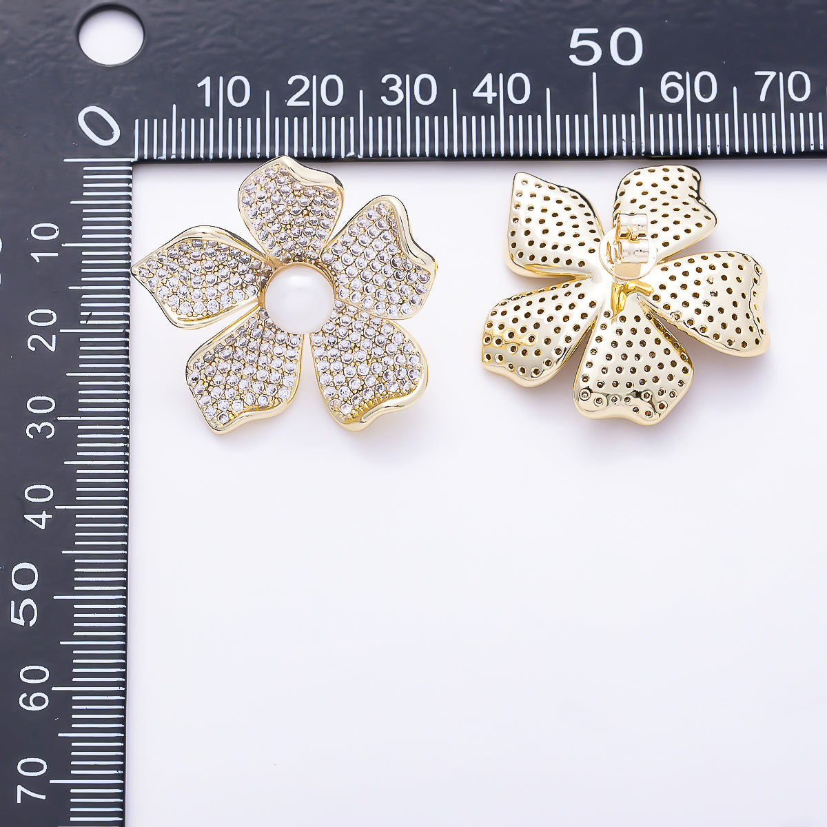 16K Gold Filled 32mm Shell Pearl Micro Paved CZ 5-Petal Flower Stud Earrings | Earrings-00806