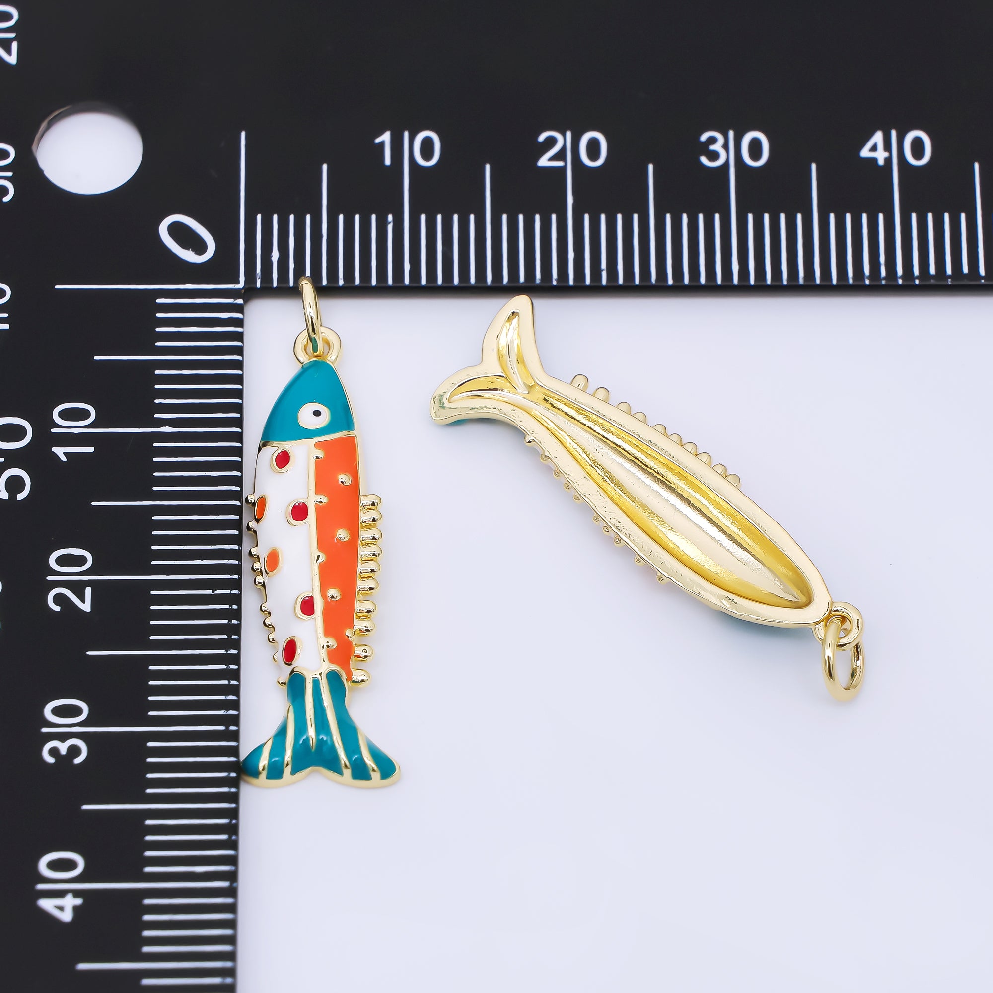 24K Gold Filled 30mm Hand-Painted Blue, Orange Enamel Sea Creature Sardine Fish Charm | AF1306