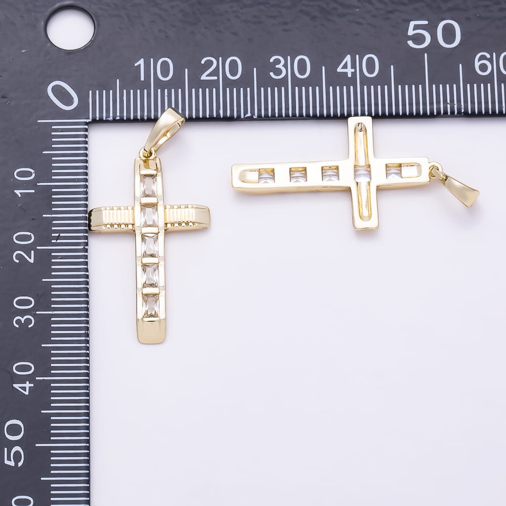 14K Gold Filled 30mm Baguette CZ Ribbed Edged Textured Geometric Religious Cross Pendant | Charms-02185