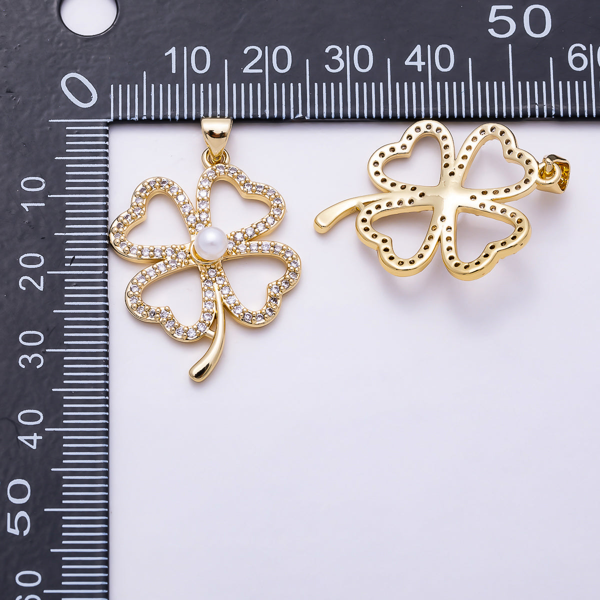 16K Gold Filled 31mm Shell Pearl Micro Paved CZ Four-Leaf Lucky Clover Pendant Saint Patrick Charm | Charms-01927