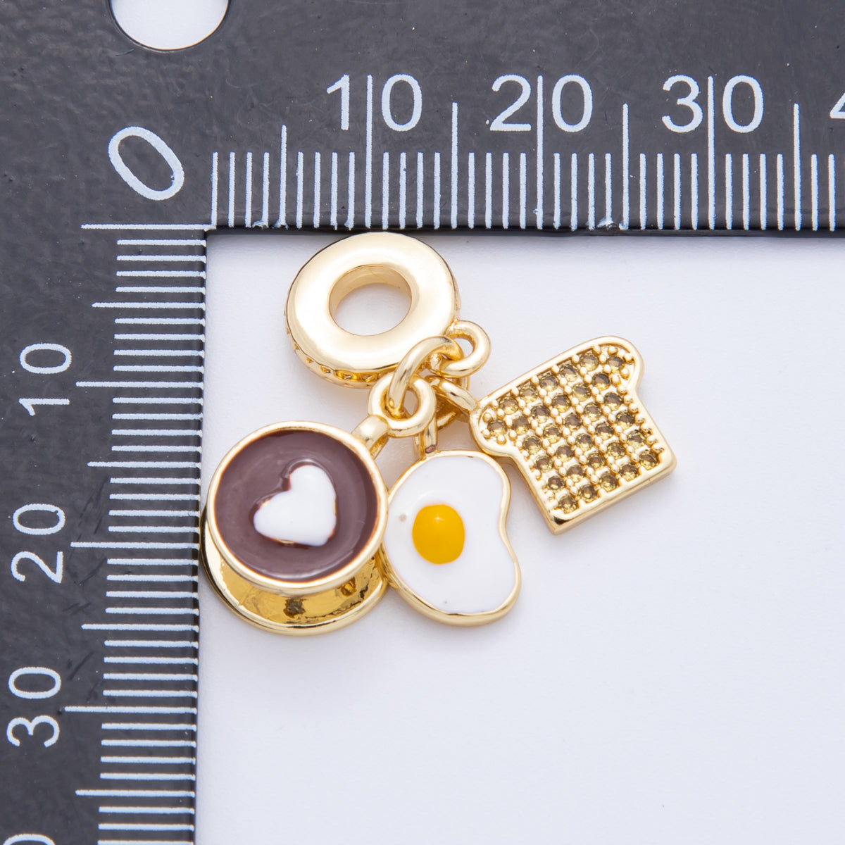 18K Gold Filled 31mm Coffee, Egg, Bread Breakfast Set Rondelle Drop Charm | N1415