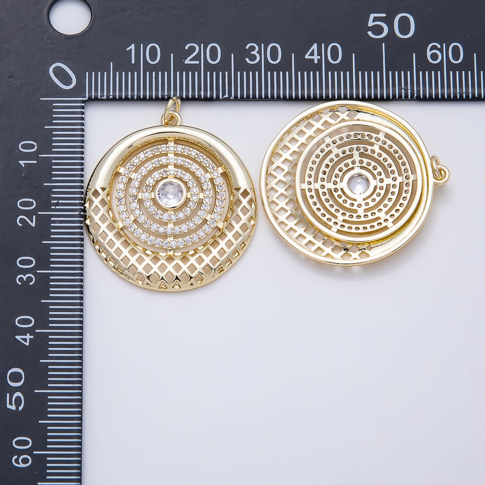 16K Gold Filled 30mm Clear Micro Paved CZ Round Multi Band Rhombus Filigree Geometric Charm | Charms-02242