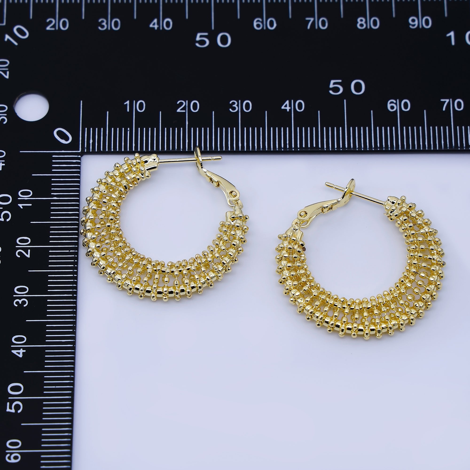 18K Gold Filled 30mm Beaded Bubble Geometric Hinge Hoop Earrings | AB1662