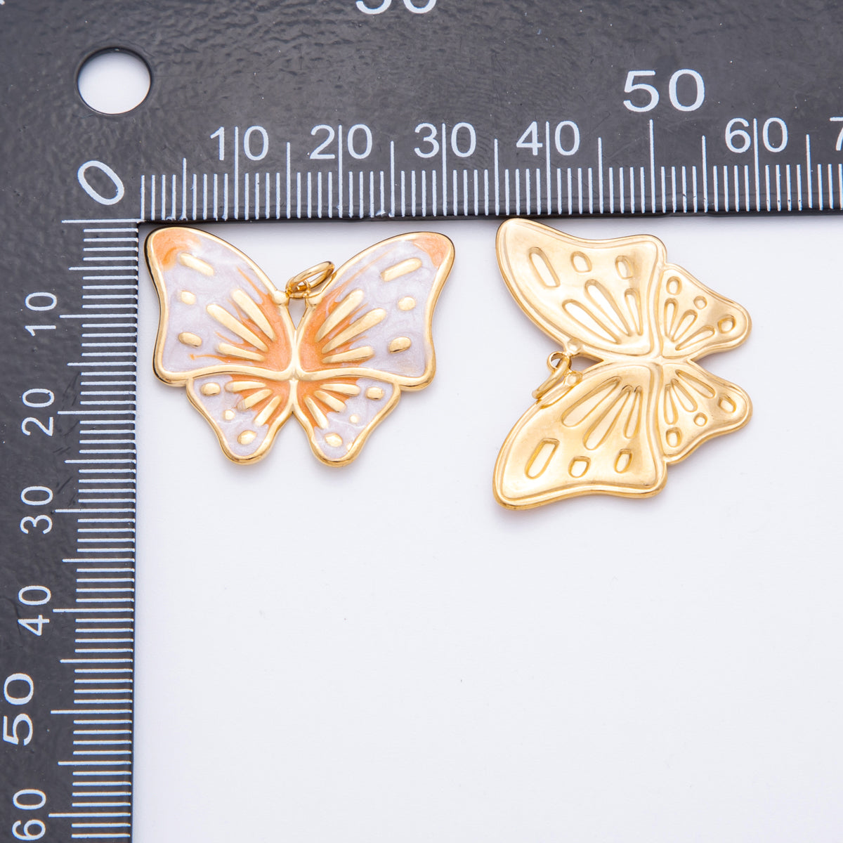 Gold Stainless Steel 48mm Orange & Green Enamel Mariposa Butterfly Dual Colors Charm | J232 J242
