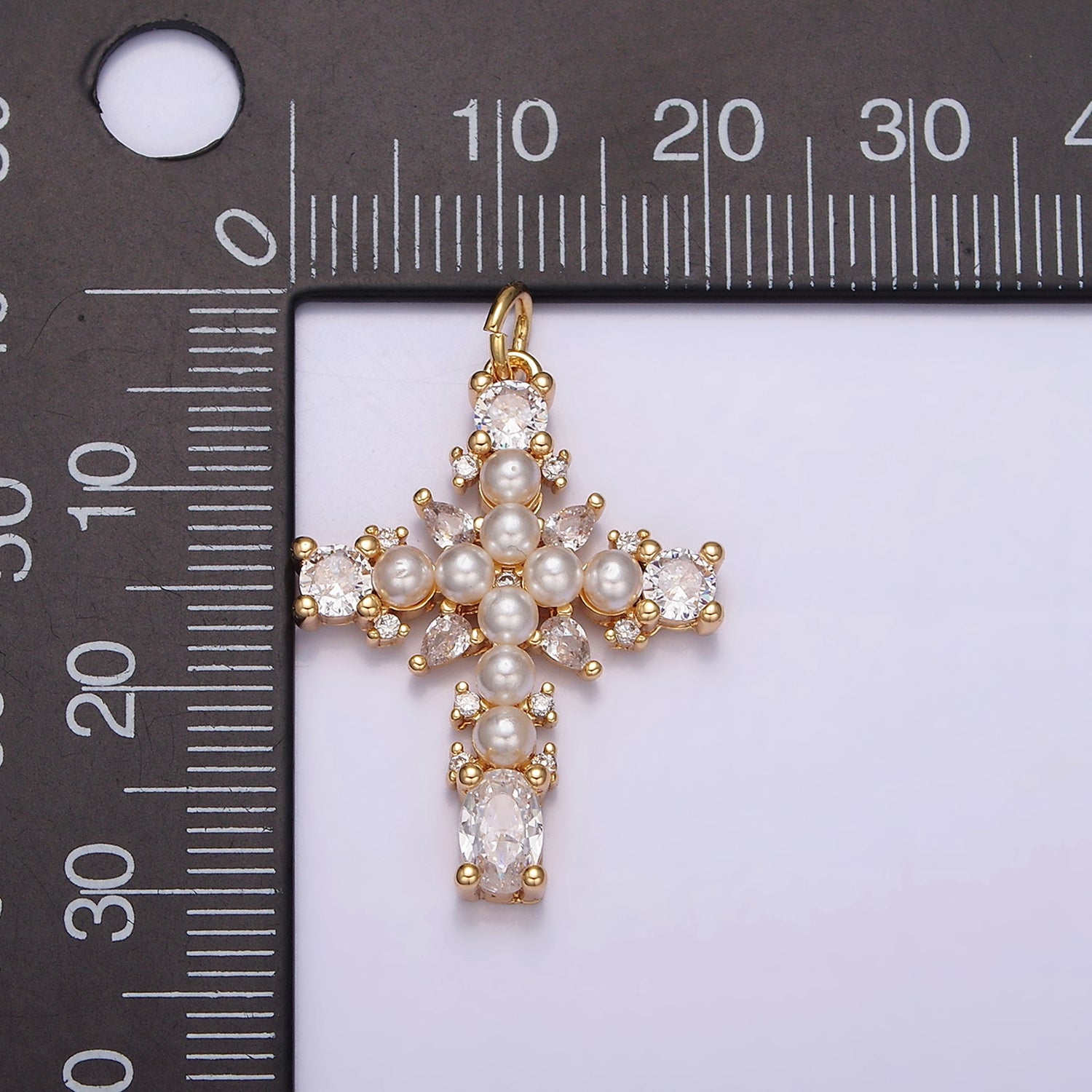 16K Gold Filled Green, Clear CZ Pearl Teardrop Religious Cross Charm in Gold & Silver | AC1416 - AC1419