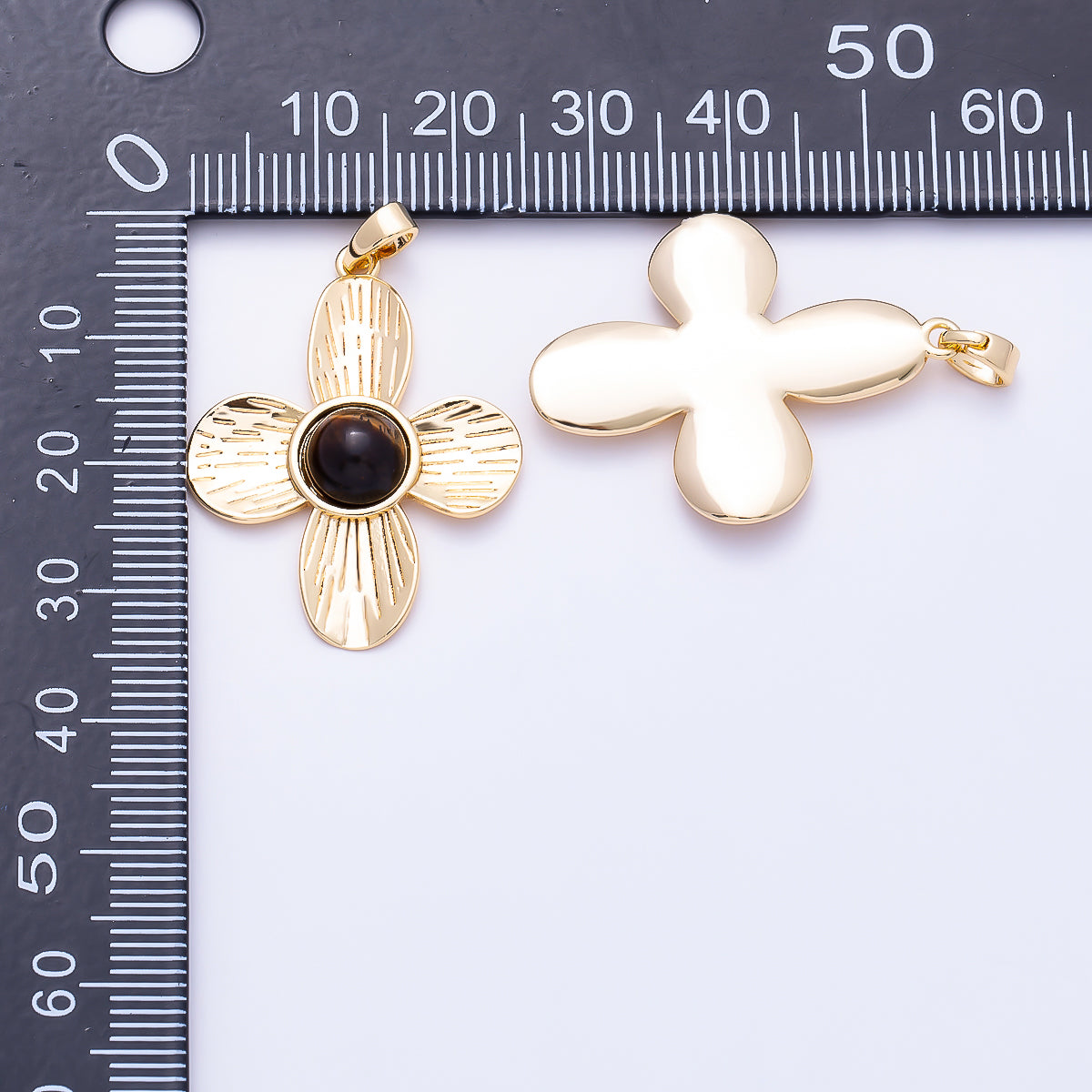 16K Gold Filled 31mm Turquoise, Tiger Eye, Shell Pearl Cabochon Line-Textured Flower Pendant | Charms-01562 ~ Charms-01564