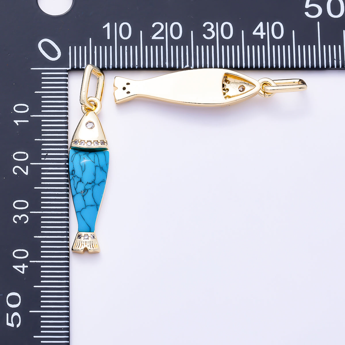 16K Gold Filled 32mm Clear CZ Turquoise and White Quartz Natural Gemstone Ocean Fish Pendant | Charms-02072 - Charms-02073