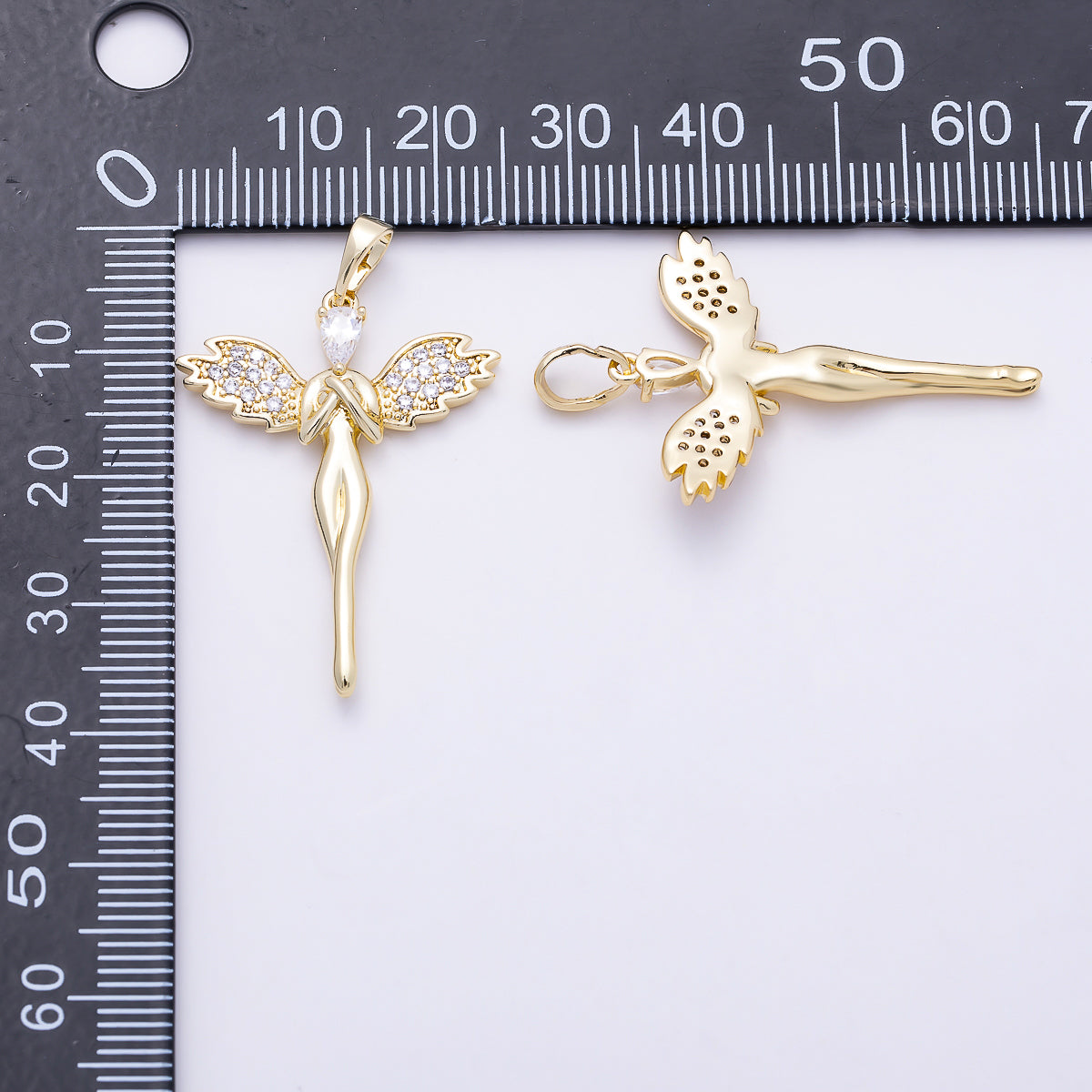 16K Gold Filled 32mm Micro Paved CZ Guardian Angel Religious Pendant | Charms-01392