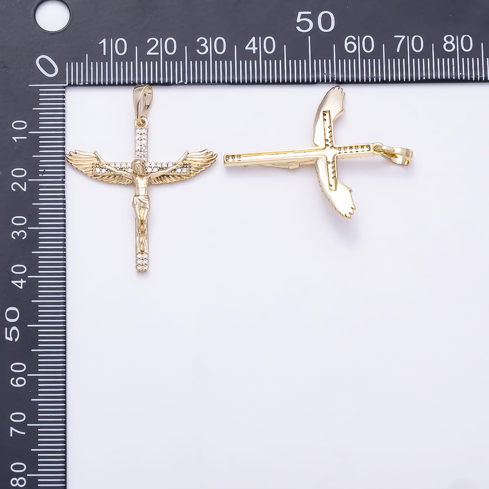 14K Gold Filled 32mm Clear Micro Paved CZ Angel Wings Crucifix Cross Religious Pendant | Charms-02259