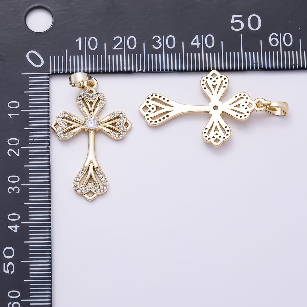 16K Gold Filled 32mm Micro Paved CZ Heart Passion Cross Religious Pendant | Charms-02306