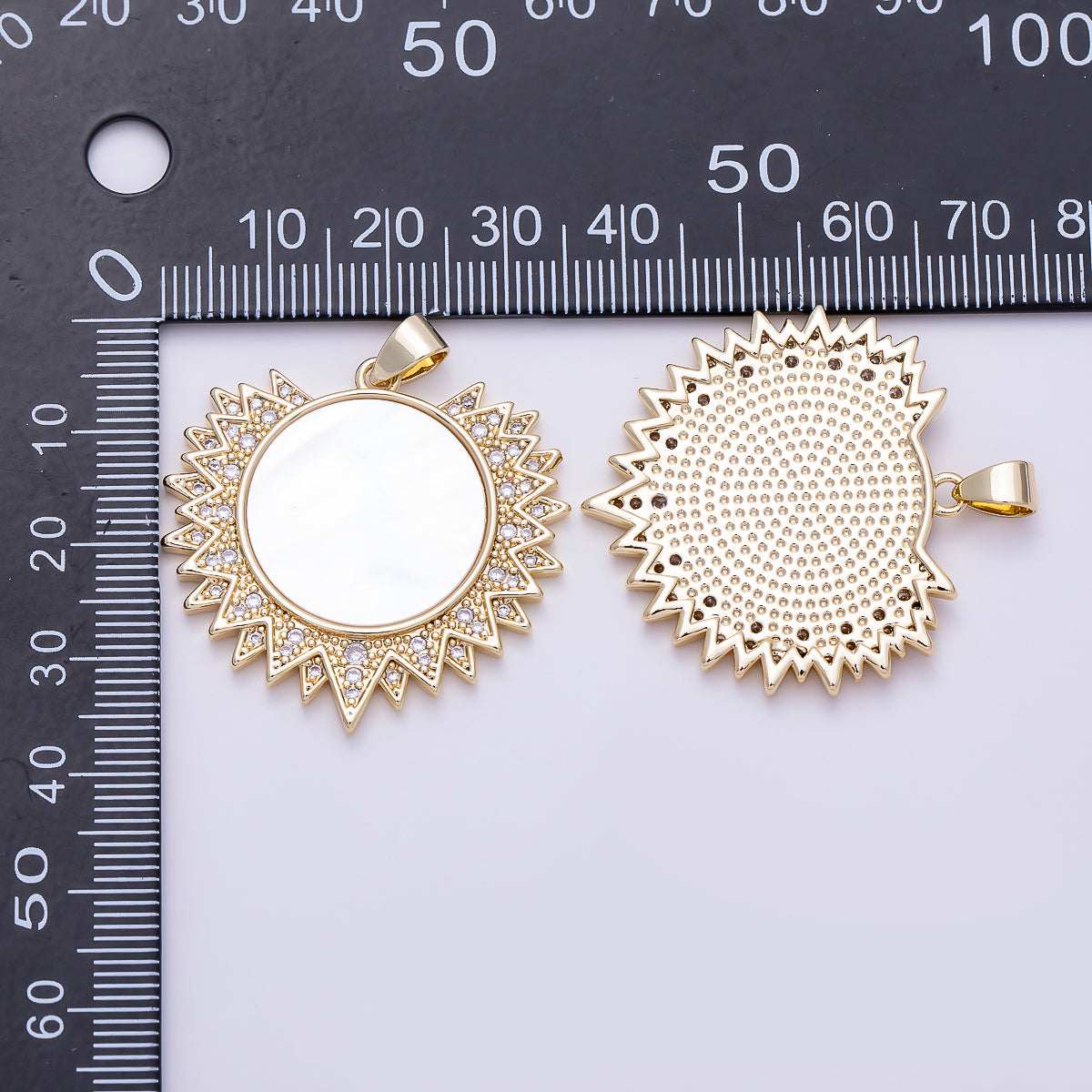 16K Gold Filled 33mm Shell Pearl Micro Paved Celestial Sun Pendant | Charms-01494
