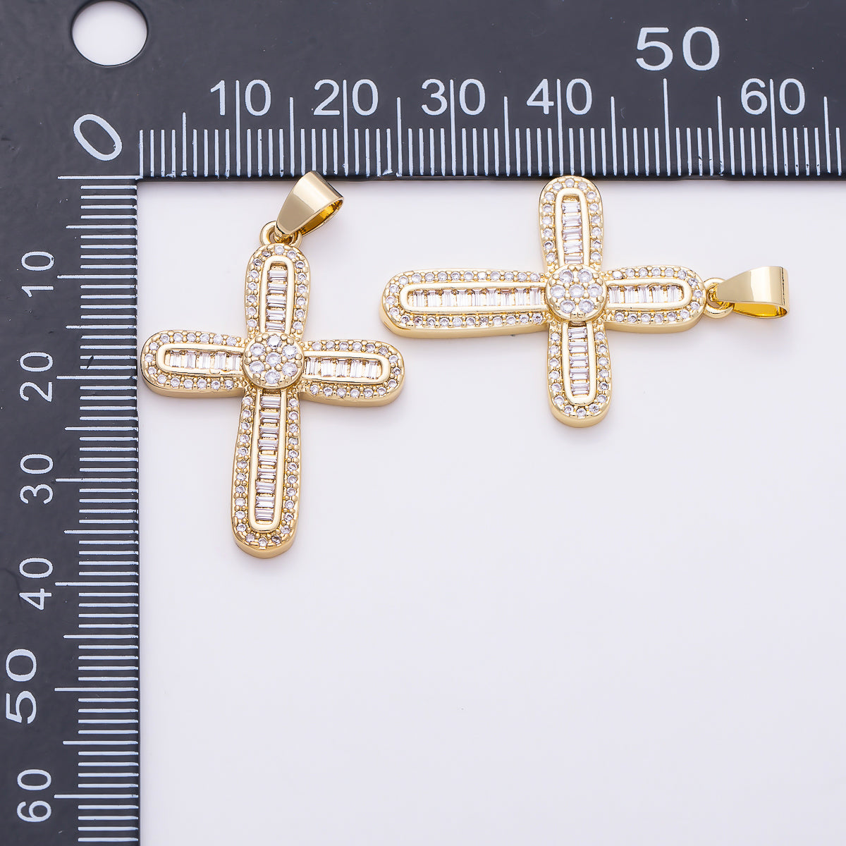 16K Gold Filled 33mm Baguette & Round Micro Paved CZ Cross Religious Pendant | Charms-01648