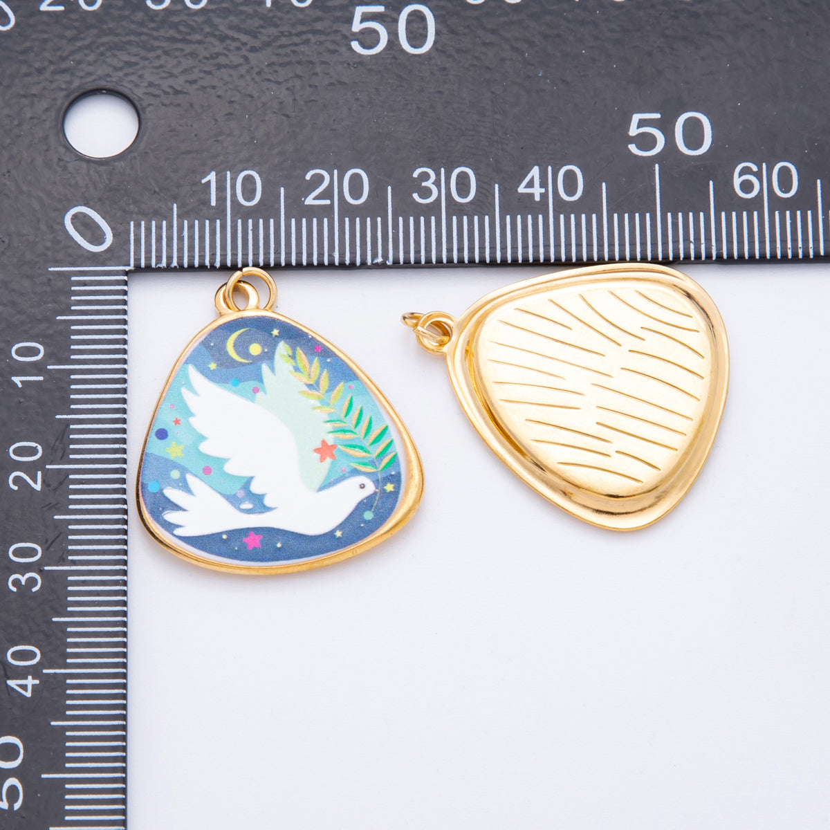 Gold Stainless Steel 33mm Hand-Painted Enamel Lovely Dove & Kitty Car Charm | J447