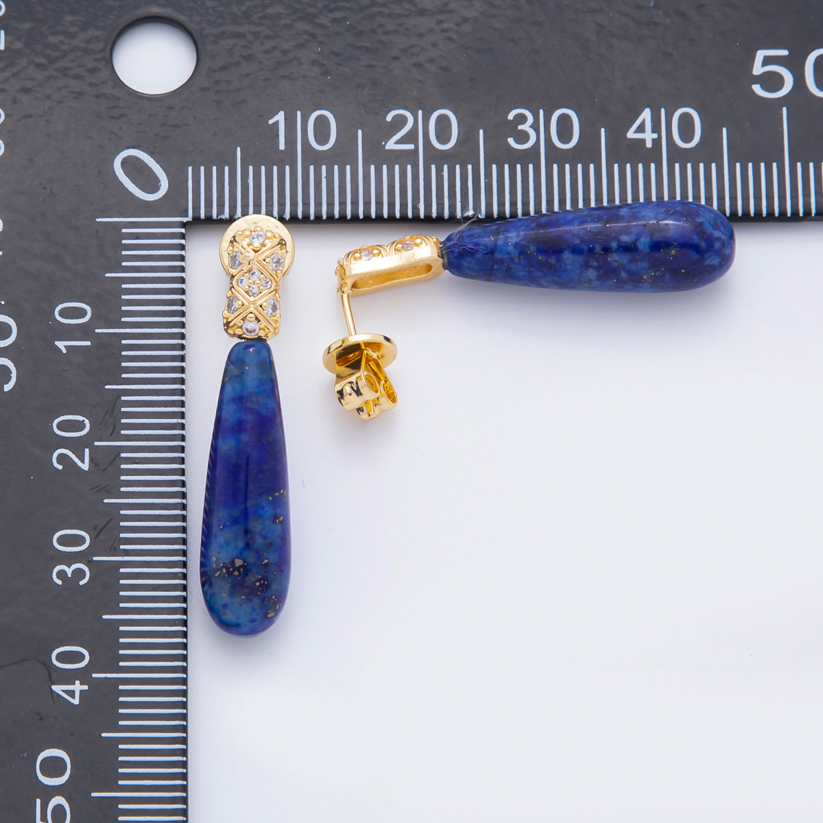 18K Gold Filled Lapis Lazuli Drop Micro Paved CZ Quilted Drop Stud Earrings | AJ231