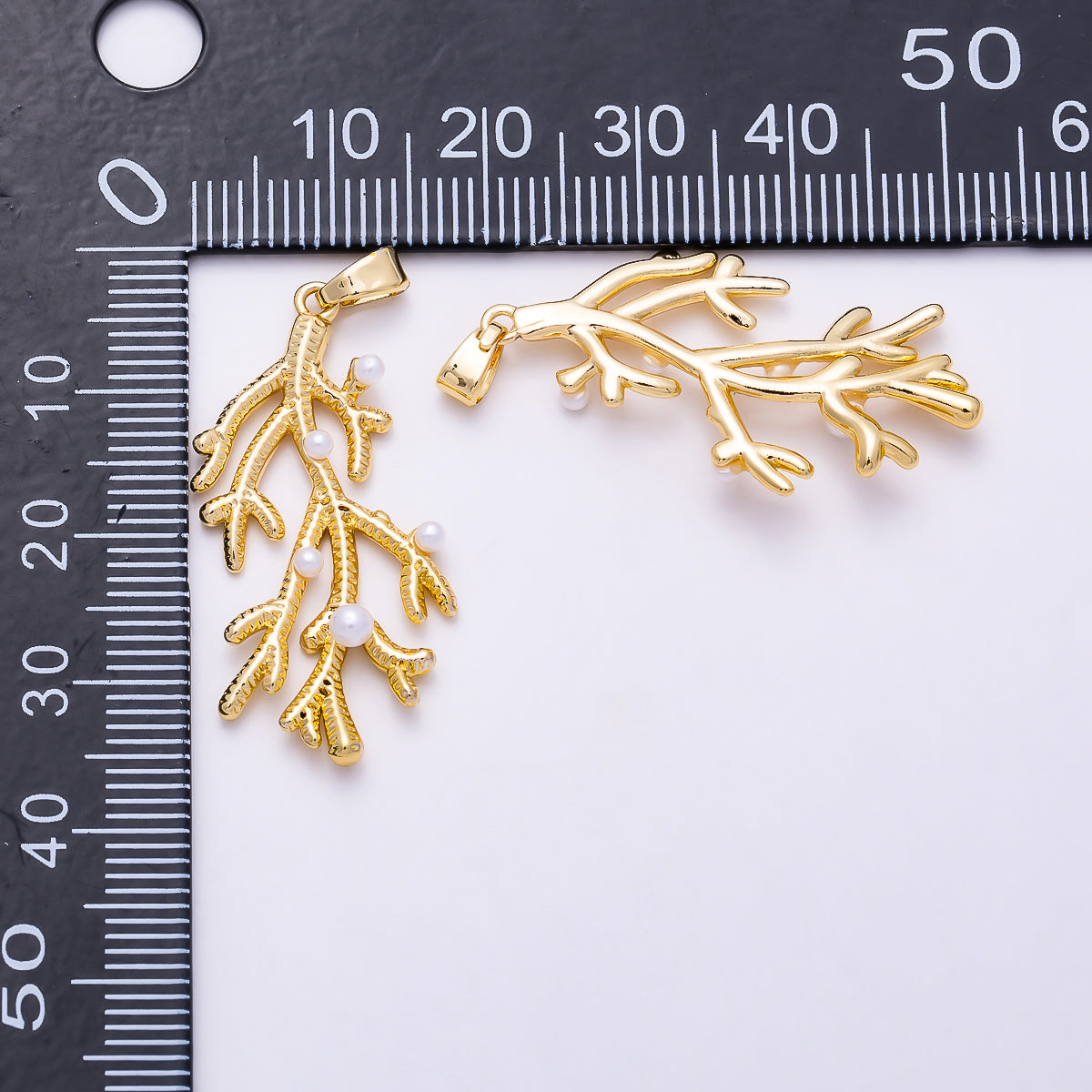 16K Gold Filled 33mm Shell Pearl Minimalist Textured Coral Branch Pendant | Charms-02000