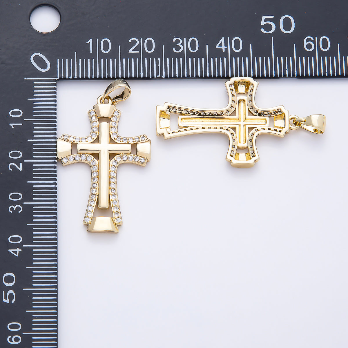 14K Gold Filled 33mm Micro Paved CZ Double Open Flared Cross Pendant | Charms-01261