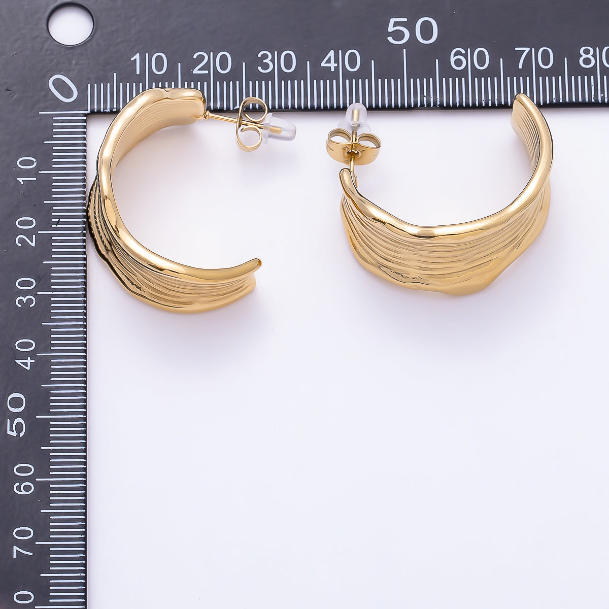 Stainless Steel 32mm Lined Molten Wave Wide C-Shaped Hoop | Earrings-00739