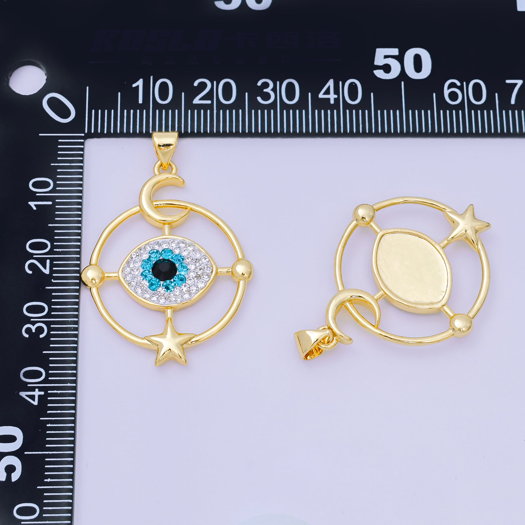 24K Gold Filled 33mm Black, Blue, & Clear CZ Star Moon Evil Eye Charm | AA-1598
