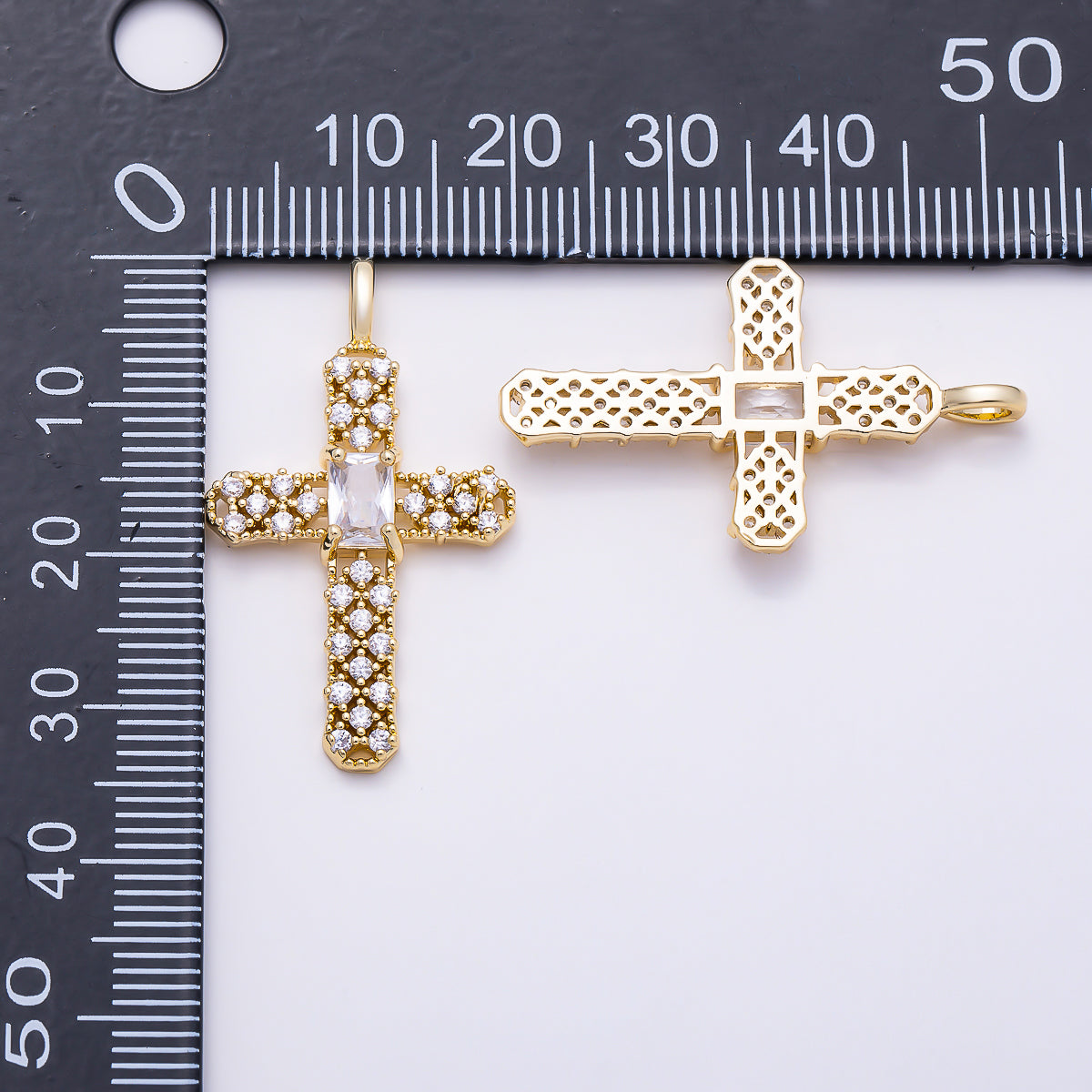 16K Gold Filled 33mm Baguette Center Micro Paved CZ Cross Religious Charm | Charms-01841 - Charms-01842