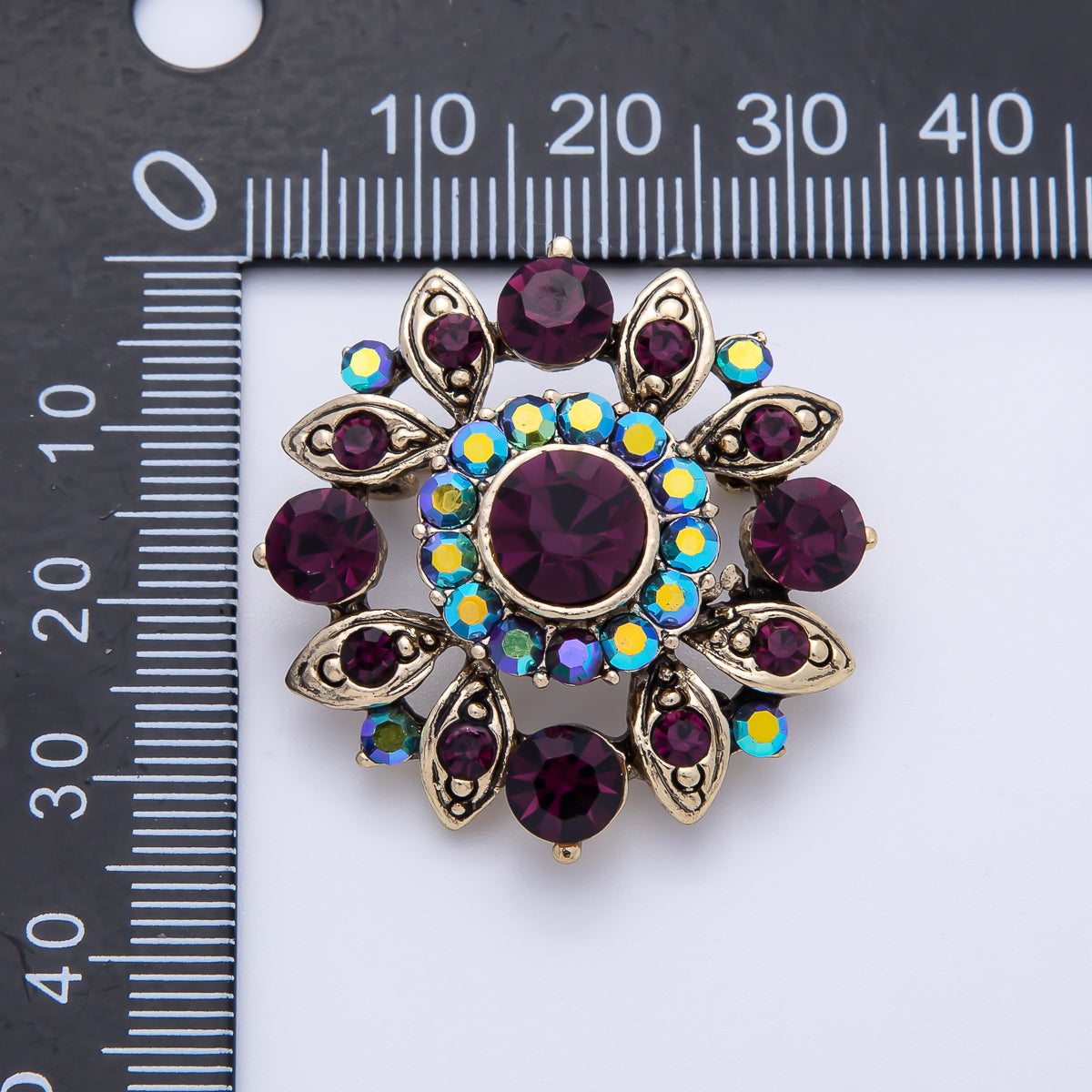 Vintage Gold 33.2mm x 31.5mm Purple Rhinestone Geometric Pin Brooch | BH-077