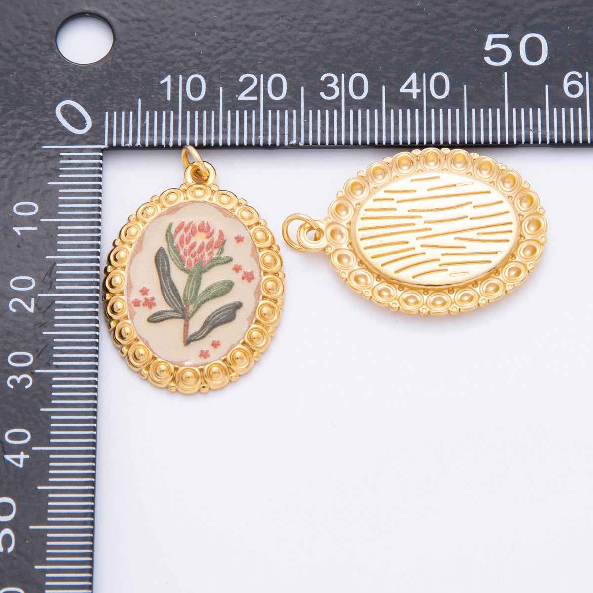 Gold Stainless Steel 33.5mm Hand-Painted Enamel Red Flower Artsy Charm | J011 J008 J009 J027