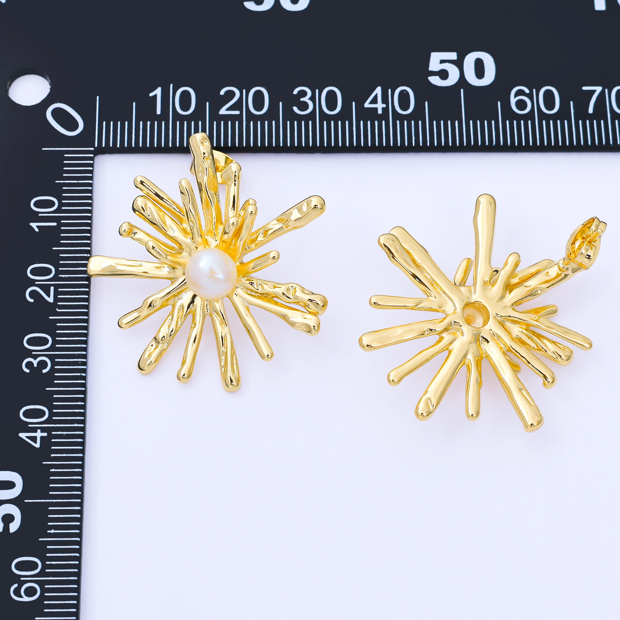 24K Gold Filled 34mm Shell Pearl Sunburst Flower Drop Stud Earrings | AB1598 AB1599