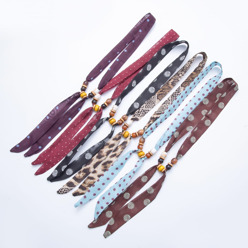 Multi Color Wooden Slider Beads Polka Dot & Leopard Chiffon Ribbon Scarf Bandana Scarf Necklace | WA-00508