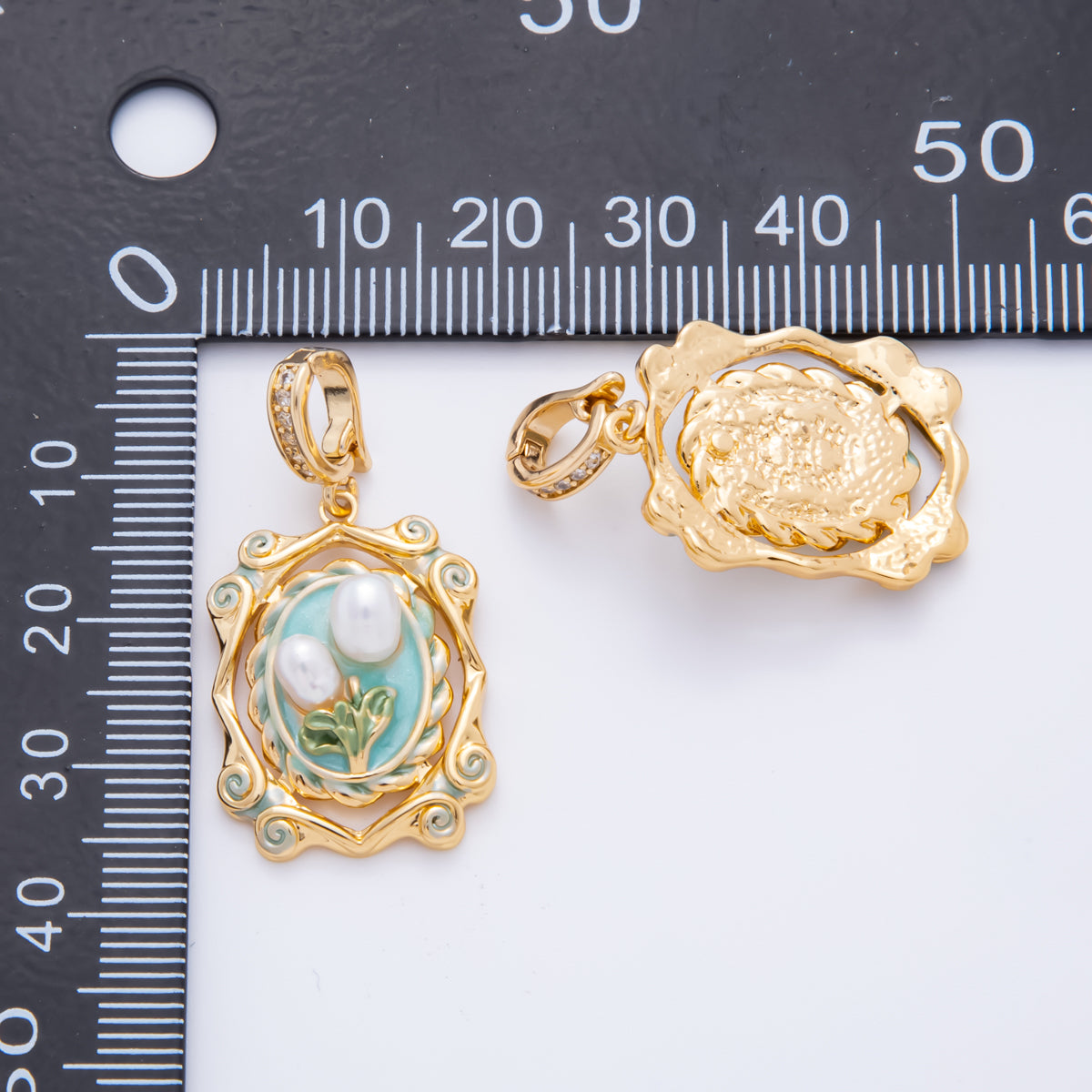 18K Gold Filled 34mm Shell Pearl Blue Enamel Flower Artisan Snap Drop Bail Pendant | AH811