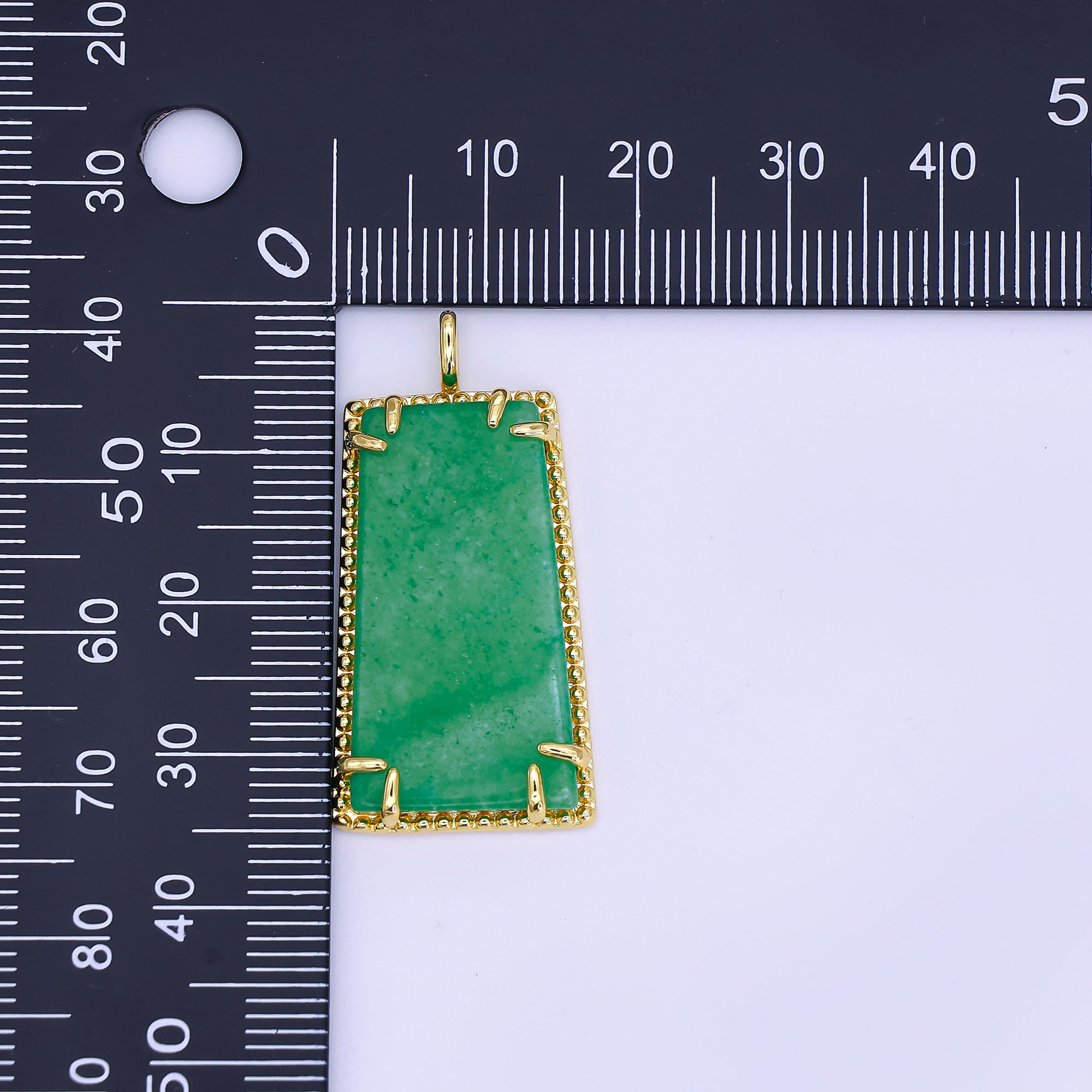24K Gold Filled Natural Green Jade Rectangular Dotted Bezel Drop Pendant | AH481