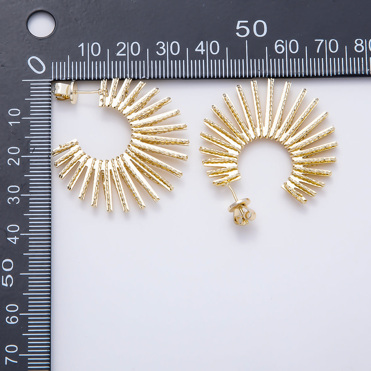 16K Gold Filled 34mm Sunburst Textured Open C- Hoop Earrings in Gold & Silver | Earrings-00809 - Earrings-00810