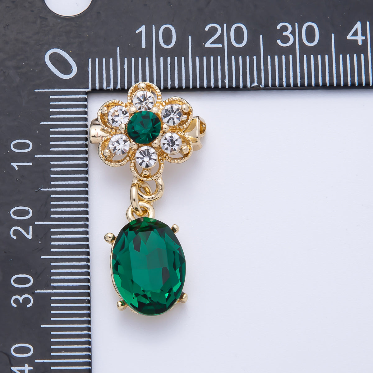 Gold 34.5mm x 15.3mm Green Oval Rhinestone Drop Flower Pin Brooch | BH-046