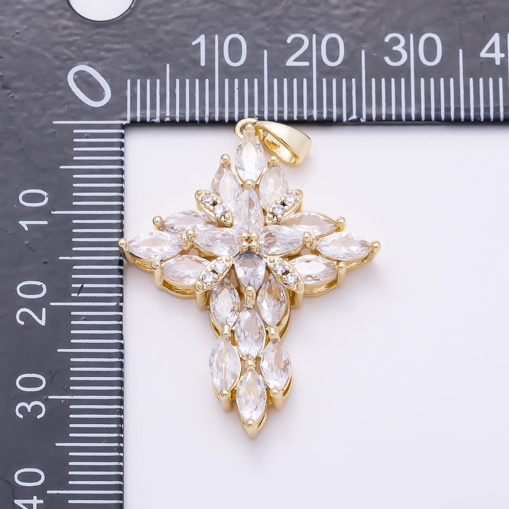 16K Gold Filled 35mm Marquise Micro Paved CZ Cluster Flower Religious Cross Pendant | Charms-02231