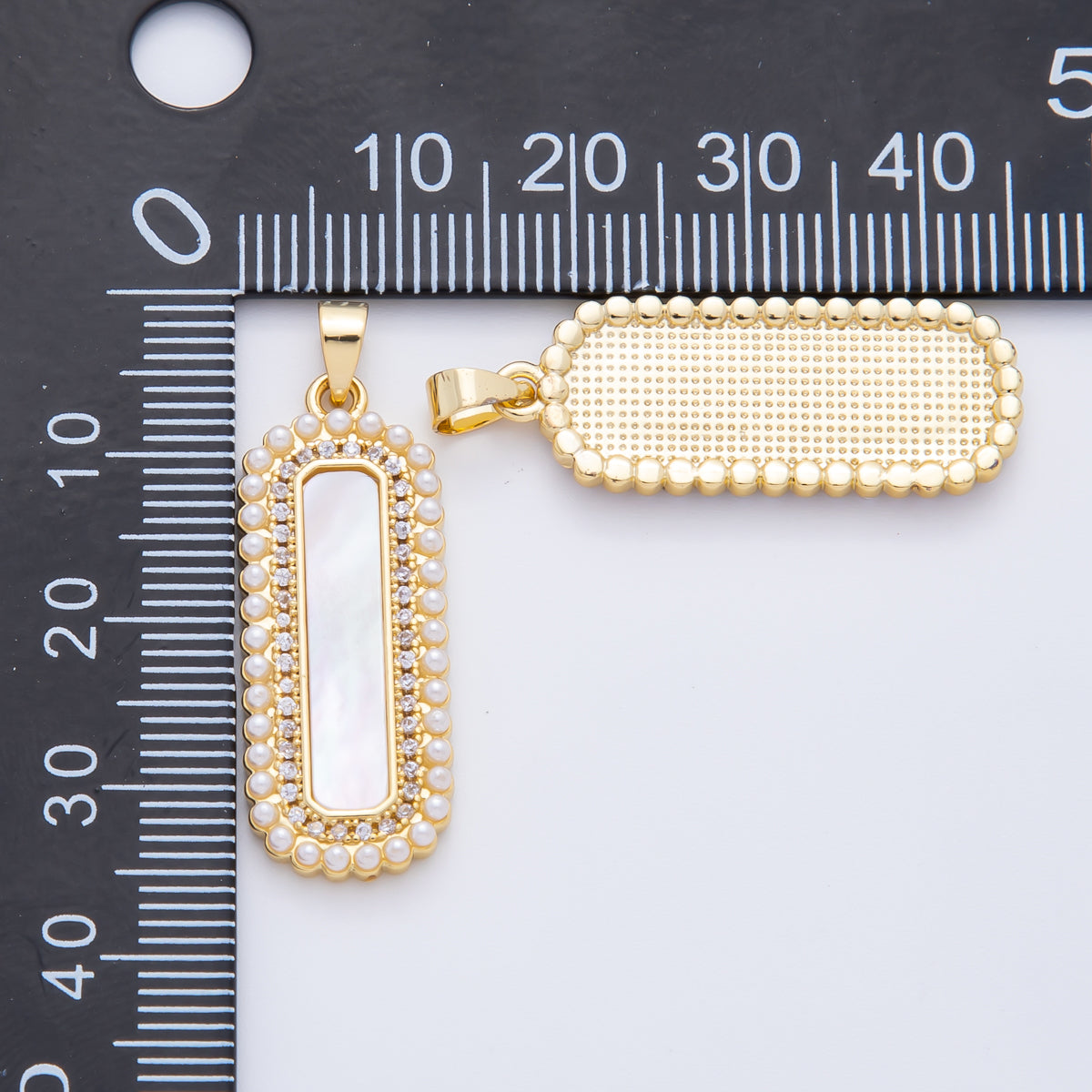 18K Gold Filled 35mm Micro Paved CZ Shell Pearl Long Bar Charm | AF1114