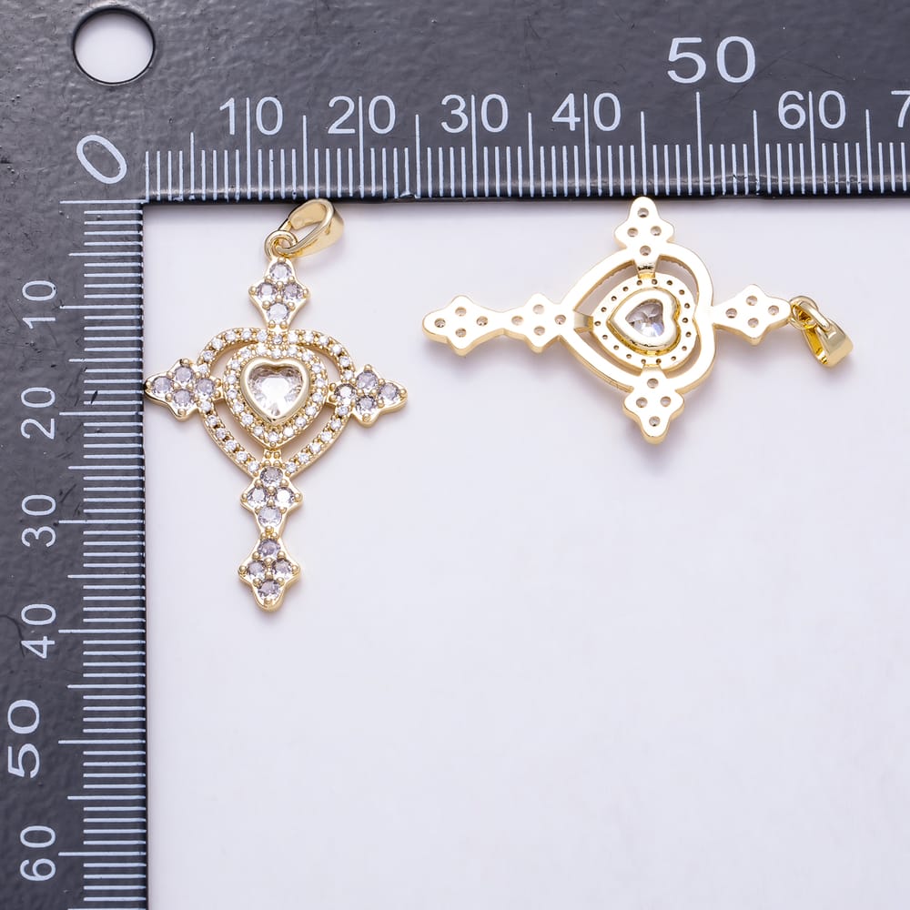 16K Gold Filled 35mm Micro Paved CZ Open Artisan Heart Cross Religious Pendant | Charms-02180