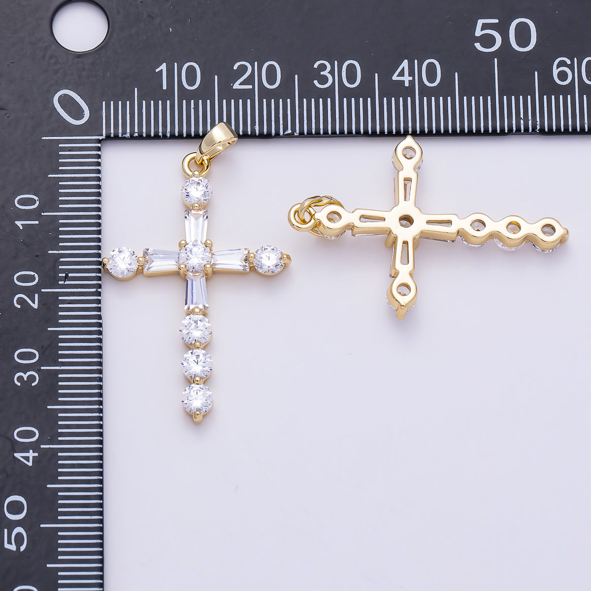 16K Gold Filled 35mm Clear CZ Baguette Round Religious Cross Pendant | Charms-01540
