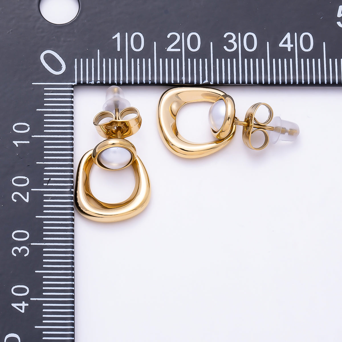 Stainless Steel PVD Gold 35mm Shell Pearl Bezel Geometric Link Drop Stud | Earrings-00752